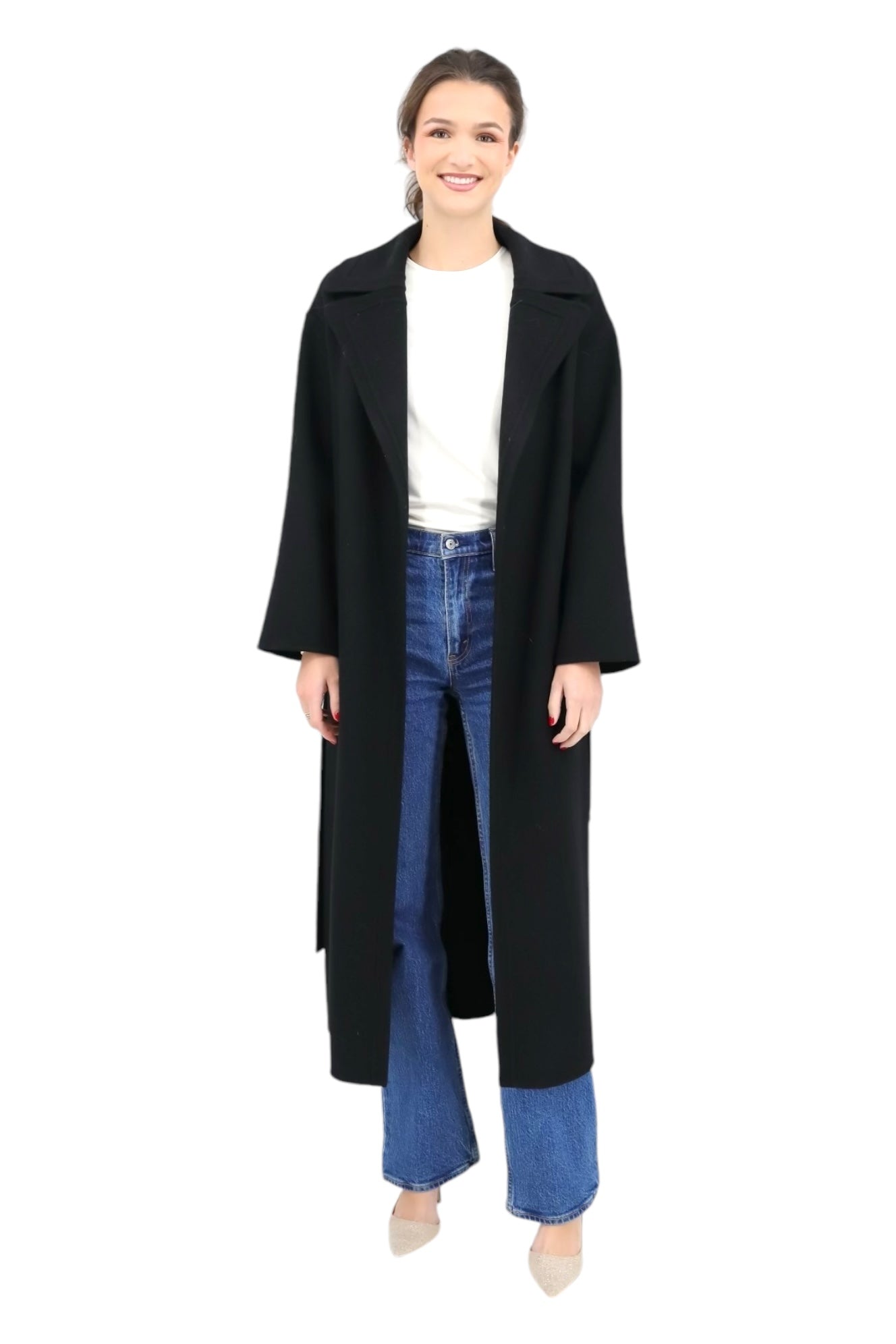 Single Breasted Wool Blend Trench in Black