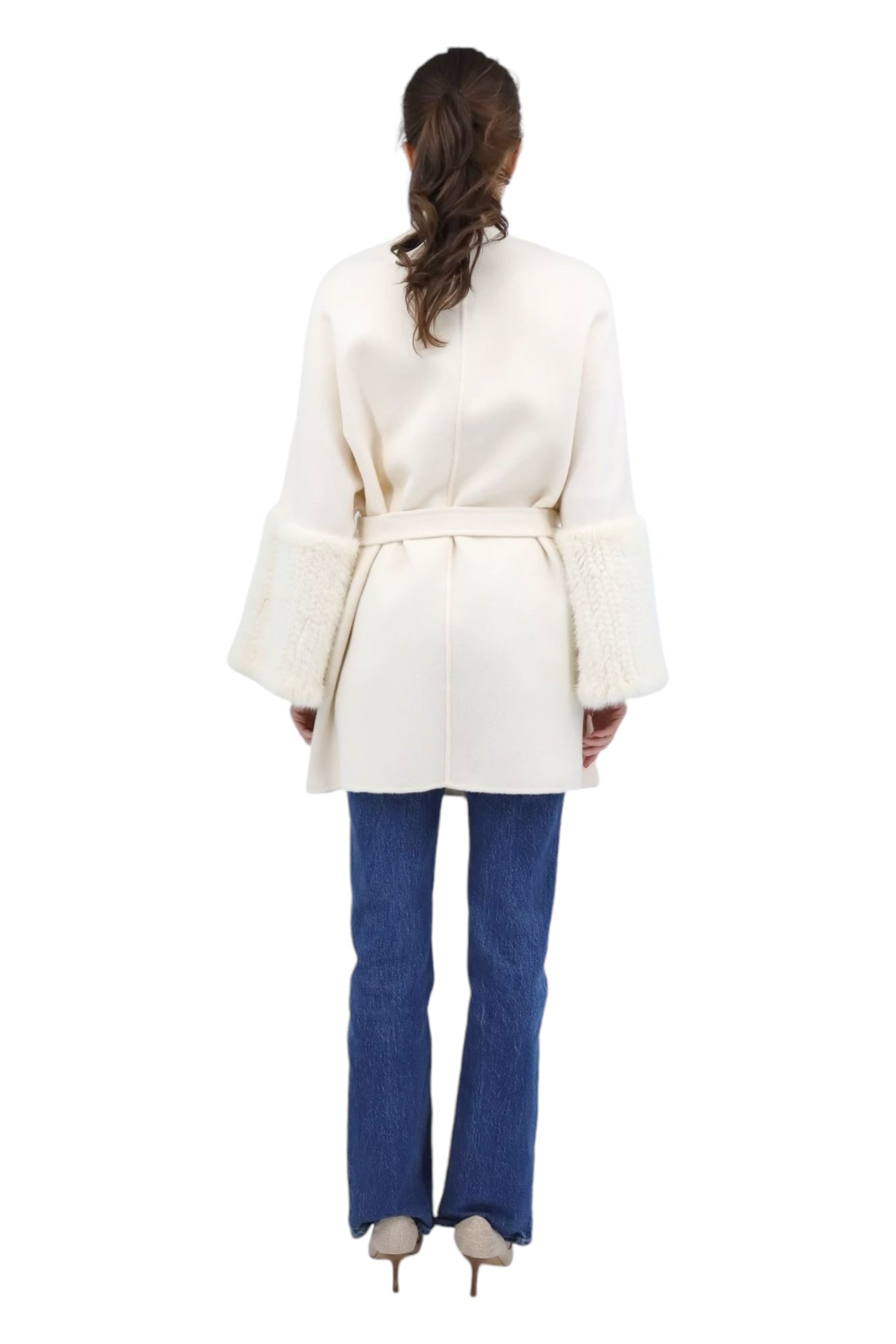 Oversized Cashmere Wool Coat with Mink Bell Sleeves in Ivory