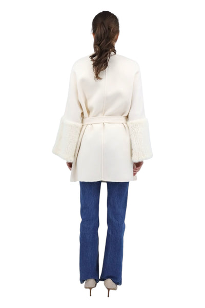 Oversized Cashmere Wool Coat with Mink Bell Sleeves in Ivory