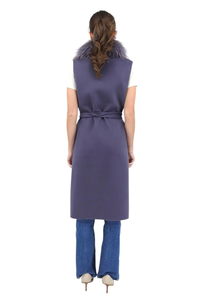 Notch Collar Wrap Vest With Blue Fox in Grey