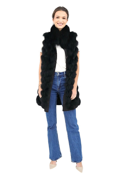 Reversible Fox/Silk Vest with Chevron Pattern in Black