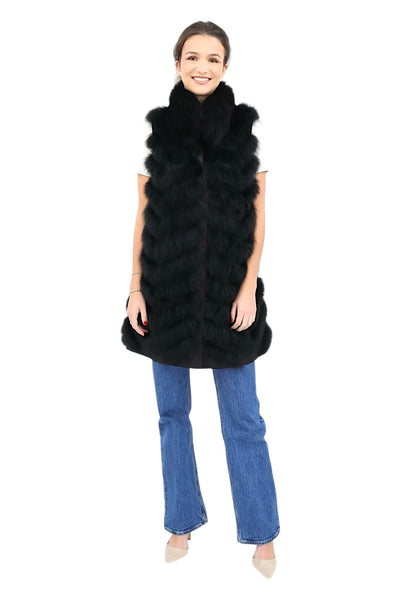 Reversible Fox/Silk Vest with Chevron Pattern in Black