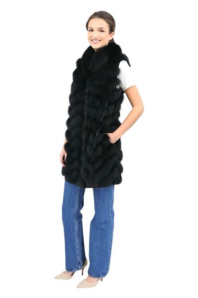 Reversible Fox/Silk Vest with Chevron Pattern in Black