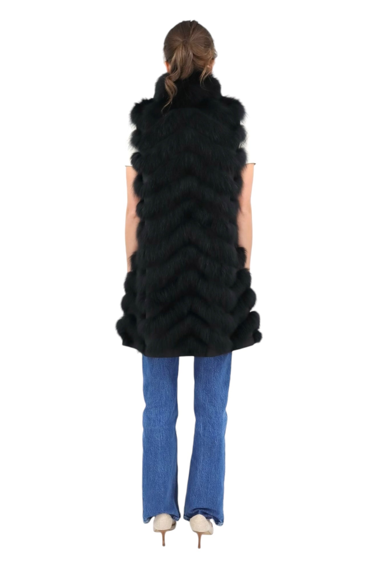 Reversible Fox/Silk Vest with Chevron Pattern in Black