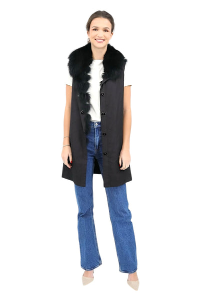 Reversible Fox/Silk Vest with Chevron Pattern in Black
