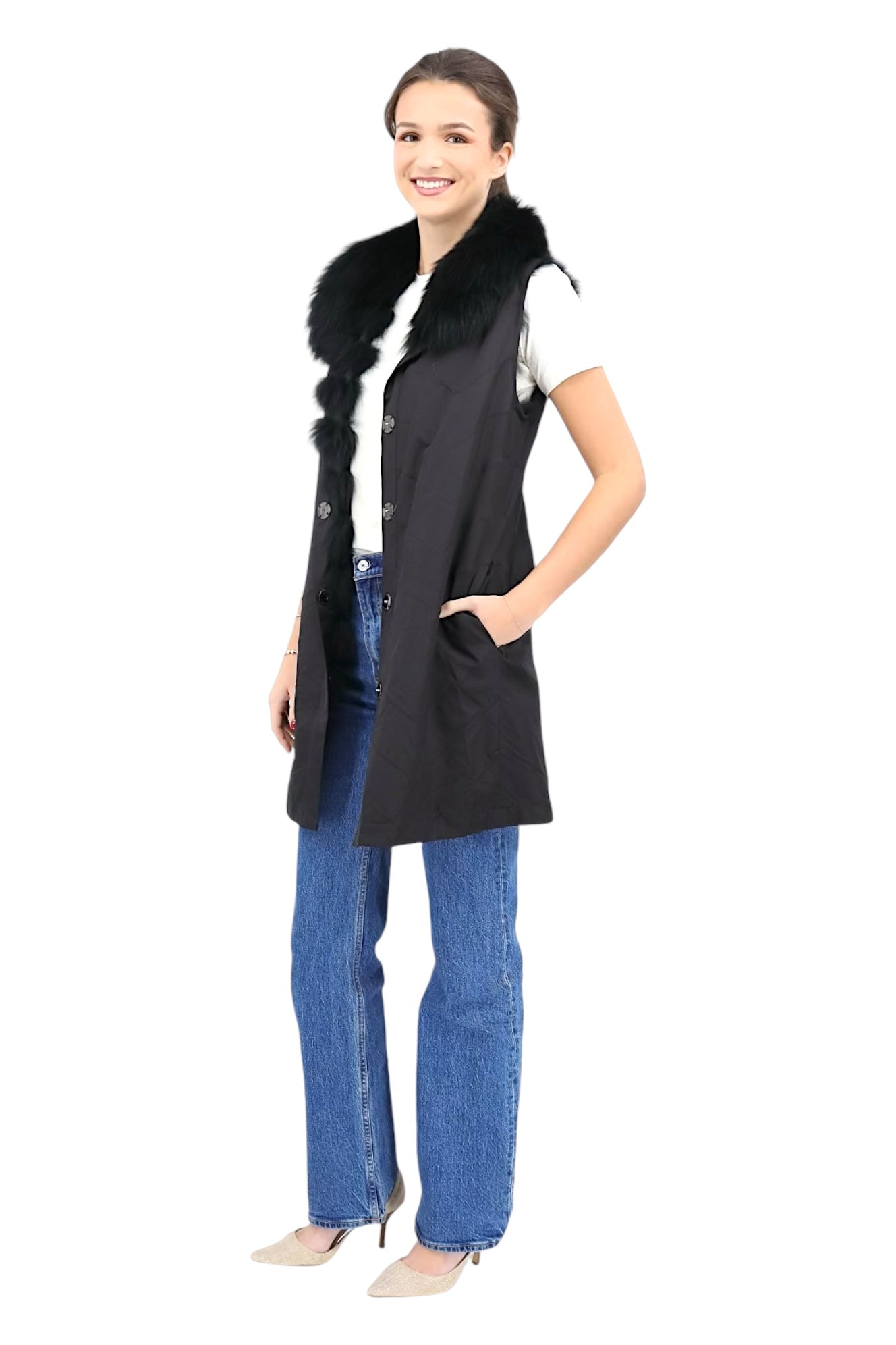Reversible Fox/Silk Vest with Chevron Pattern in Black