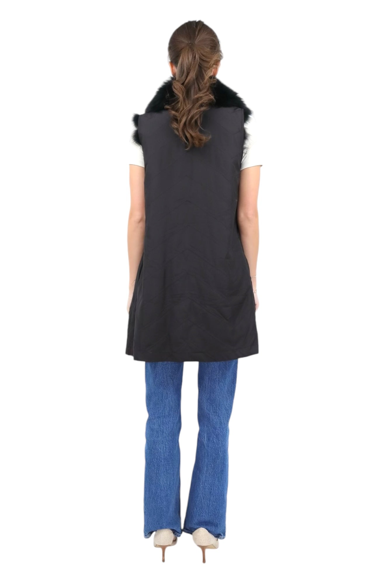 Reversible Fox/Silk Vest with Chevron Pattern in Black