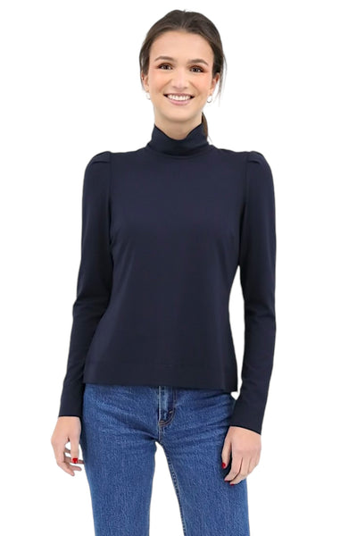 Puff Shoulder Turtleneck Top in Navy
