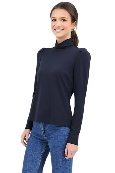 Puff Shoulder Turtleneck Top in Navy