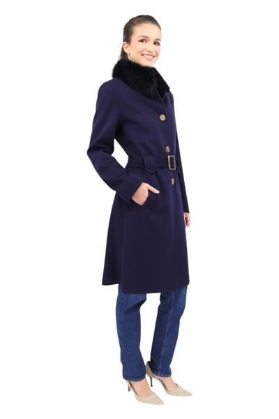 Stand Collar Belted Coat with Fox in Midnight