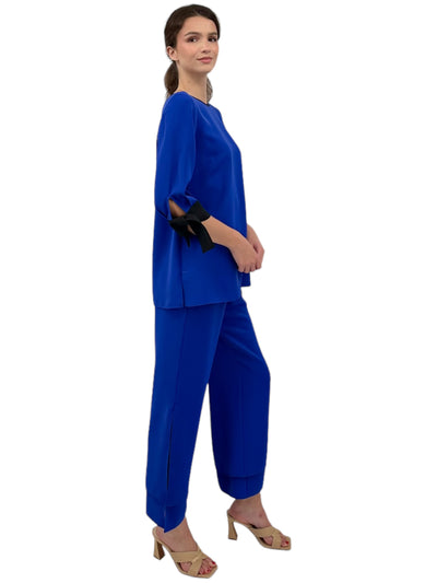 3/4 Sleeve Crepe Blouse with Tie Cuff in Cobalt