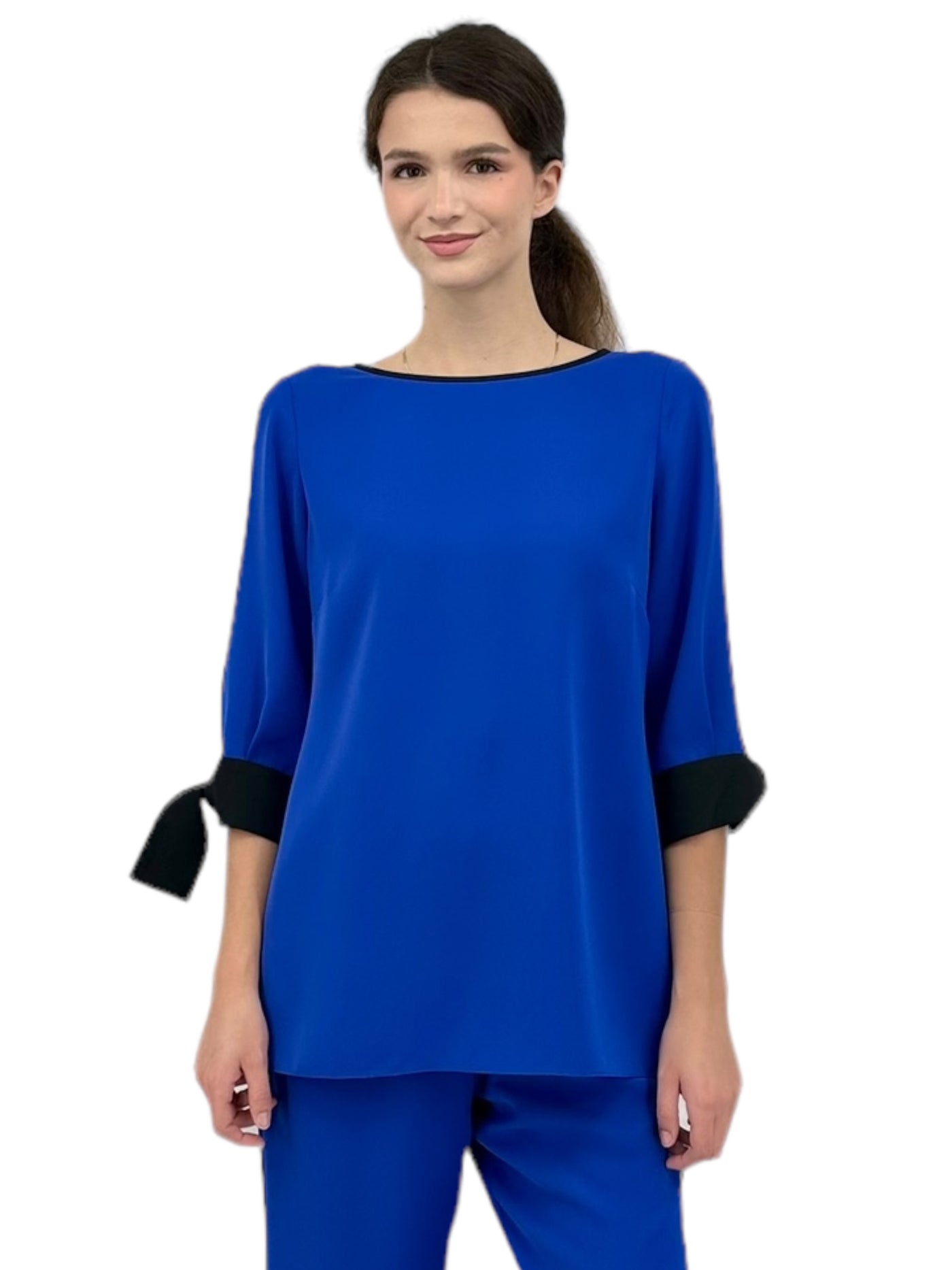 3/4 Sleeve Crepe Blouse with Tie Cuff in Cobalt
