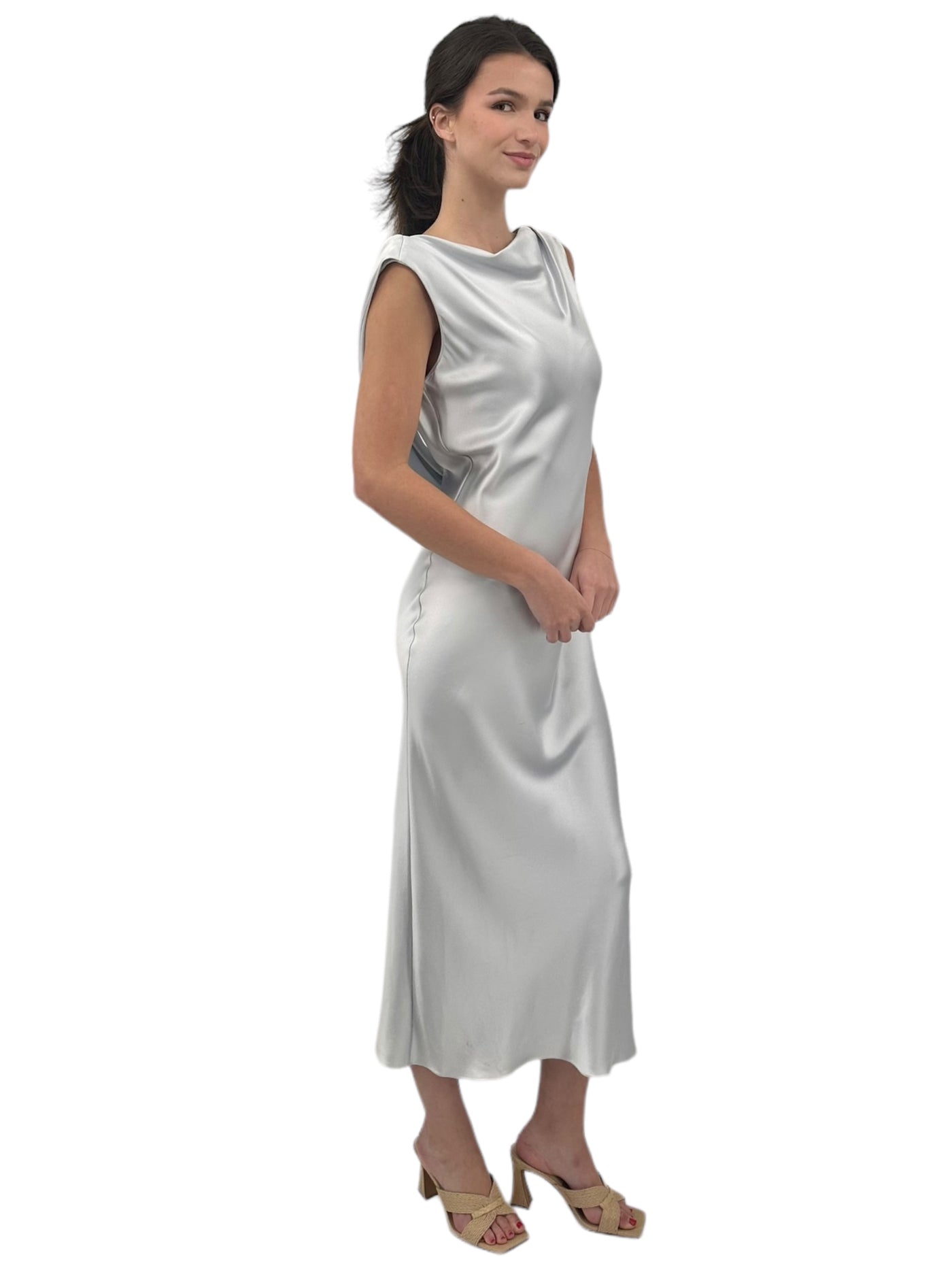 Satin Drape Back Dress in Arctic Ice