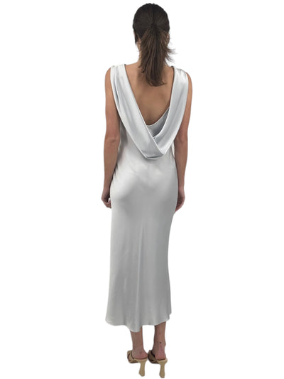 Satin Drape Back Dress in Arctic Ice