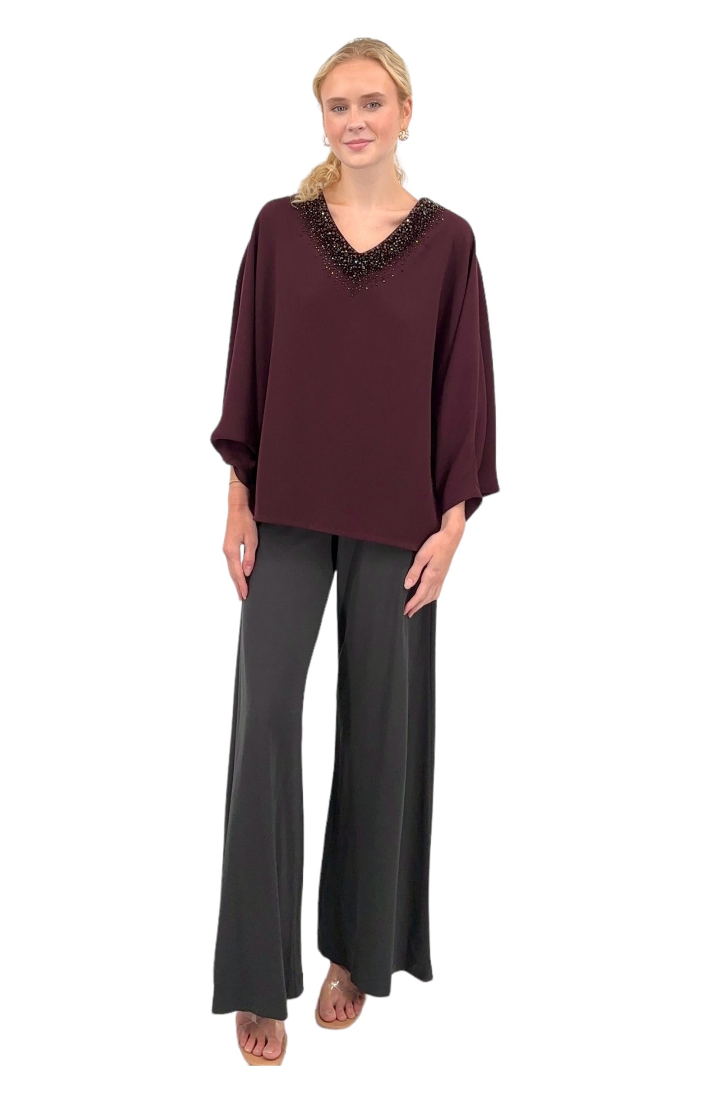 V-Neck Blouse With Crusted Jewel Neckline in Burgundy