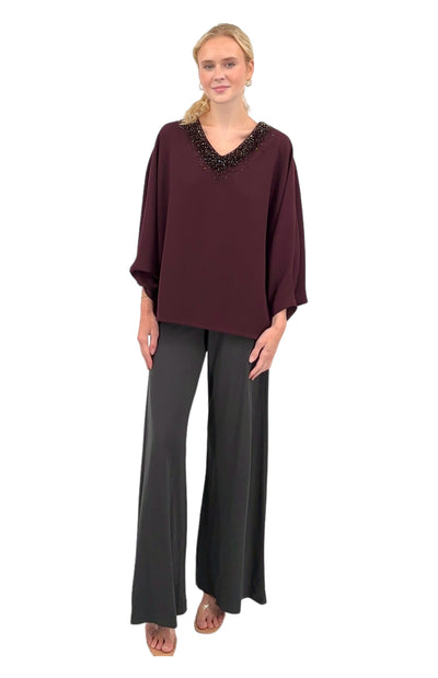 V-Neck Blouse With Crusted Jewel Neckline in Burgundy