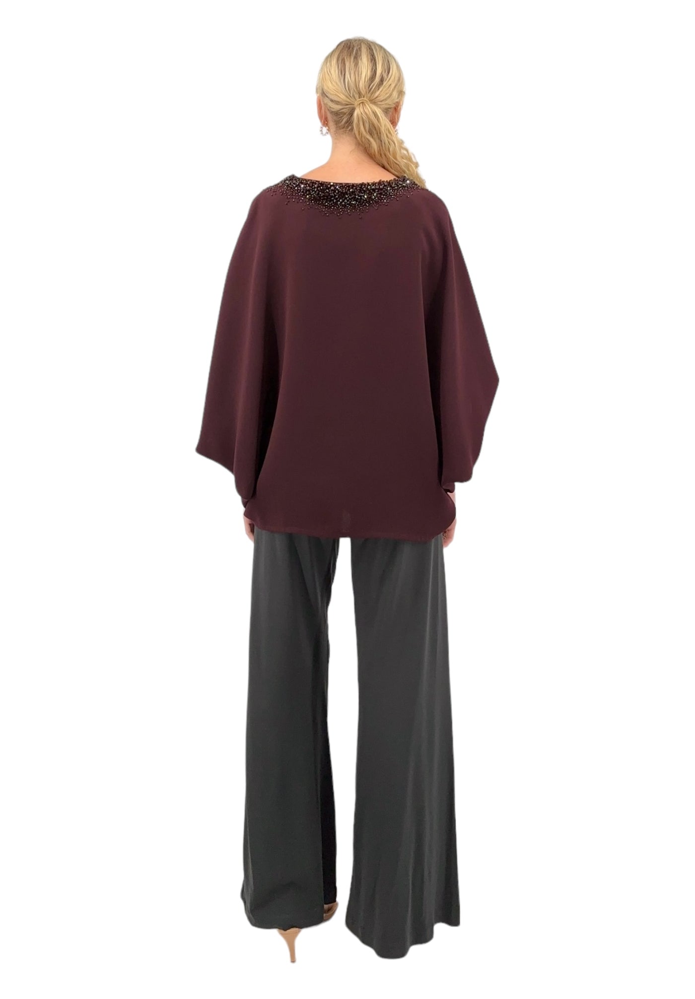 V-Neck Blouse With Crusted Jewel Neckline in Burgundy