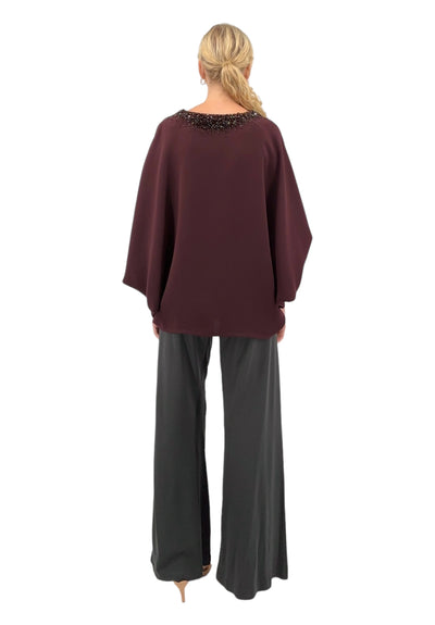 V-Neck Blouse With Crusted Jewel Neckline in Burgundy