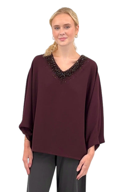 V-Neck Blouse With Crusted Jewel Neckline in Burgundy