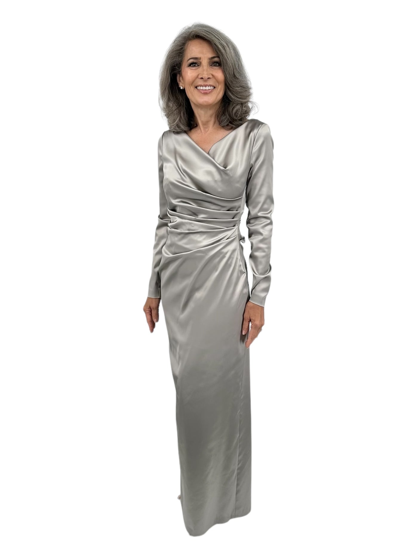 Long Sleeve Ruched Gown in Greige
