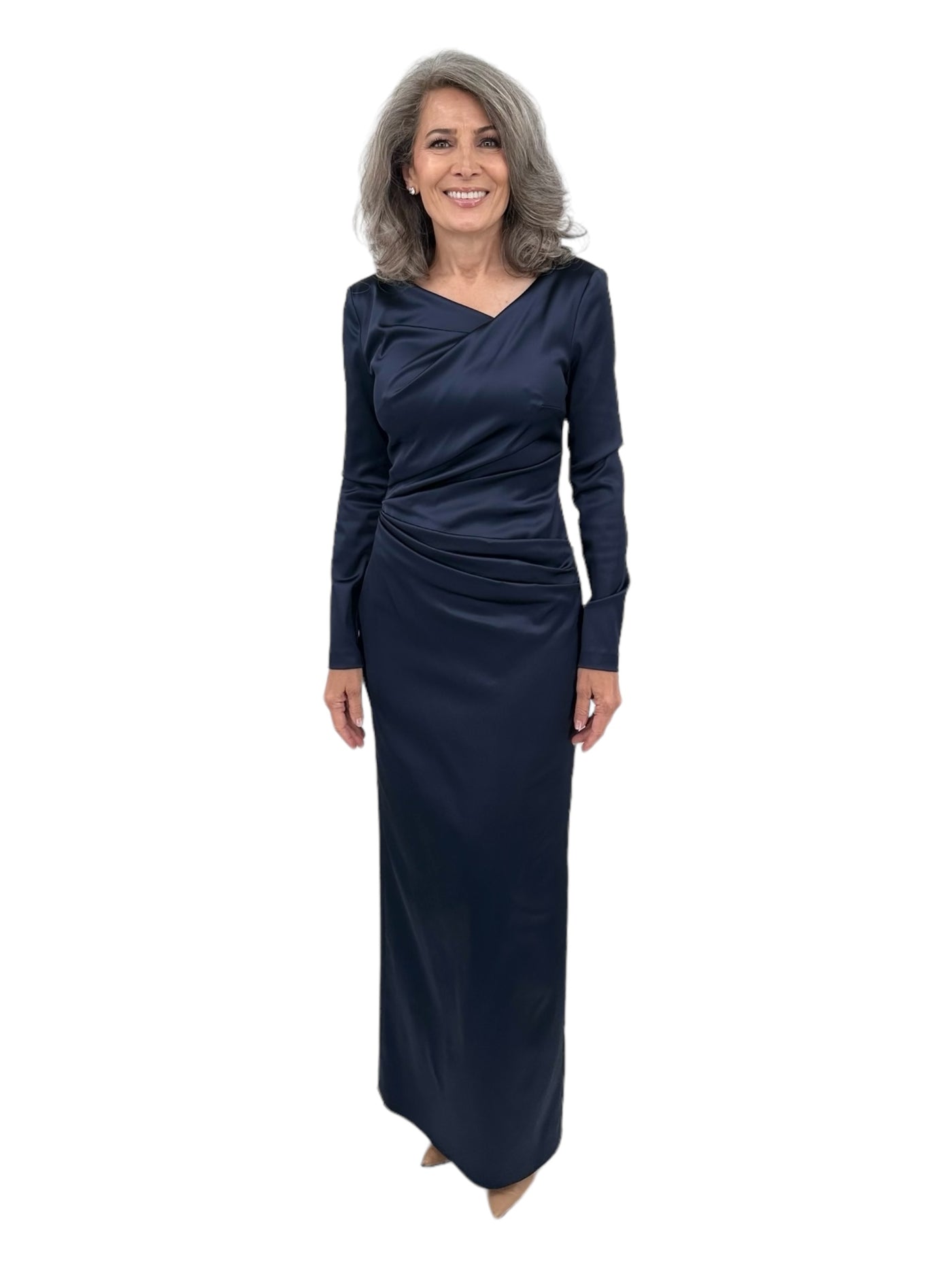 ruched satin dress long sleeve Long Sleeve White Satin Ruched Dress Elegant Celebration White Satin Long Sleeve Slip Maxi Dress