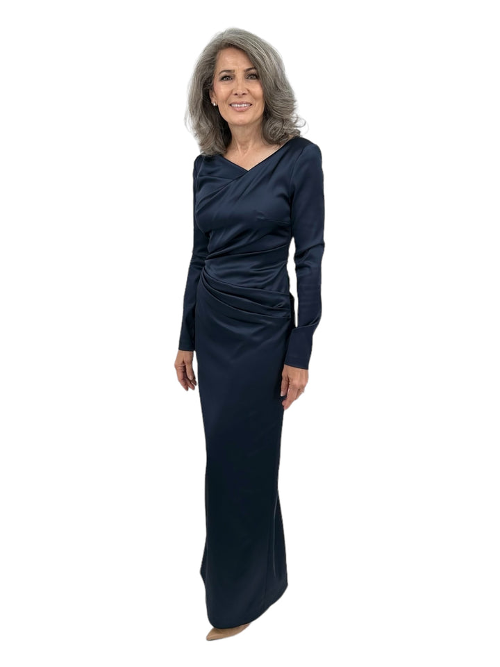 ruched satin dress long sleeve Long Sleeve Ruched Satin Gown in Navy – Carl Meyers
