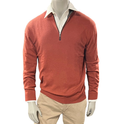 Men's Suede Trim Quarter Zip Mock in Sienna