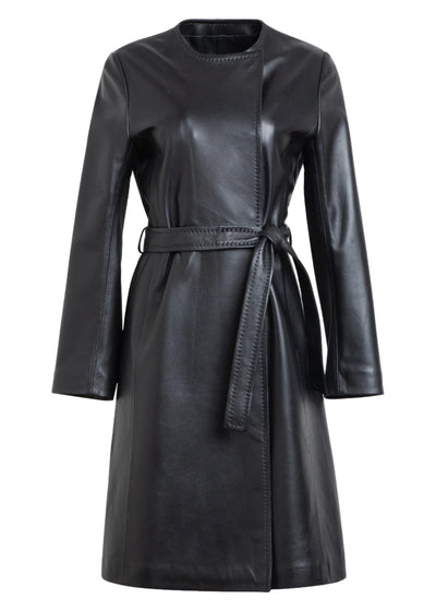 Evelyn Leather Collarless Coat in Black