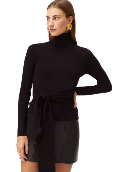 Brielle Long Sleeve Tie-Front Turtleneck in Jet