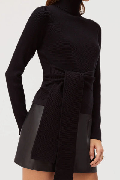 Brielle Long Sleeve Tie-Front Turtleneck in Jet