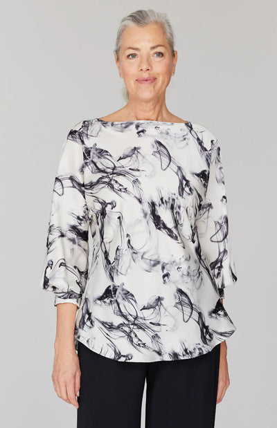 Ink Print Satin Dolman Sleeve Bias Blouse