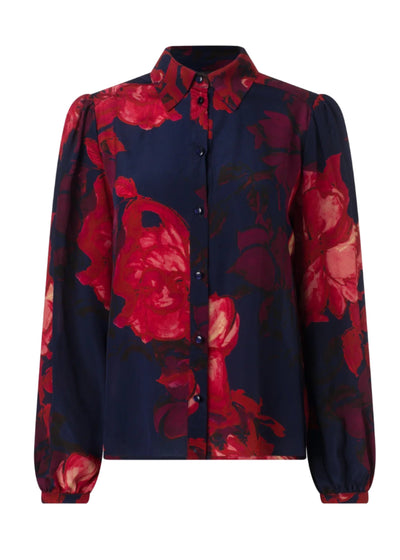 Floral Print Button Down Blouse in Navy/Red