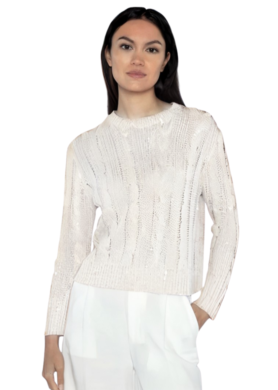 Sequin Cable Crew in Ivory
