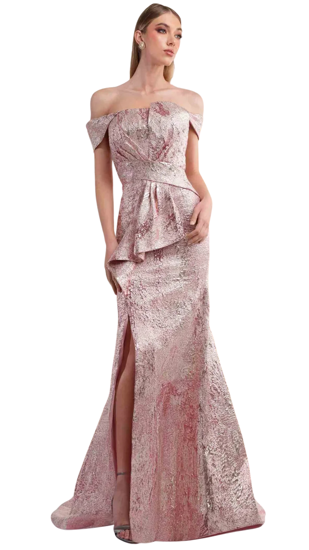 Drop Off Shoulder Mermaid Gown in Rose Pink / 4 / 24982