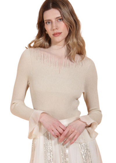 Sheer Mock Neck Lightweight Knit Top With Peplum Cuff in Beige