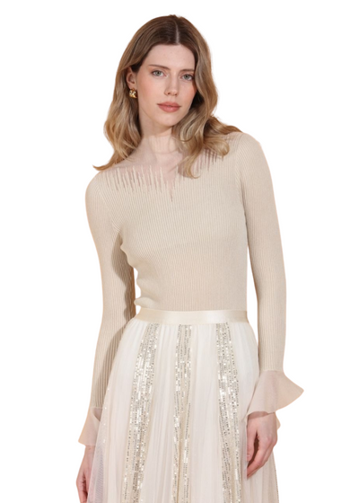 Sheer Mock Neck Lightweight Knit Top With Peplum Cuff in Beige