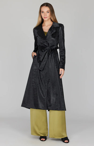 Reflective Marble Raincoat Trench in Black