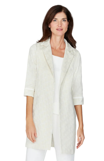Basketweave Jacquard Long Blazer w/ Bias Trim