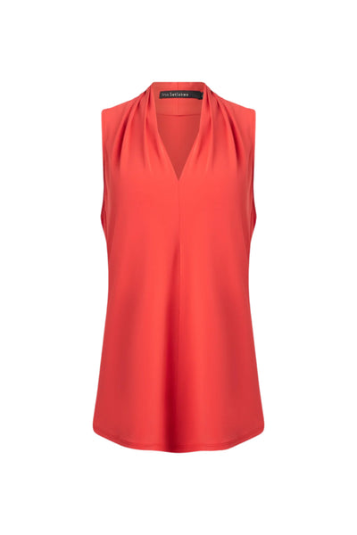 Matte Jersey Sleeveless Pleated V-Neck Top in Red