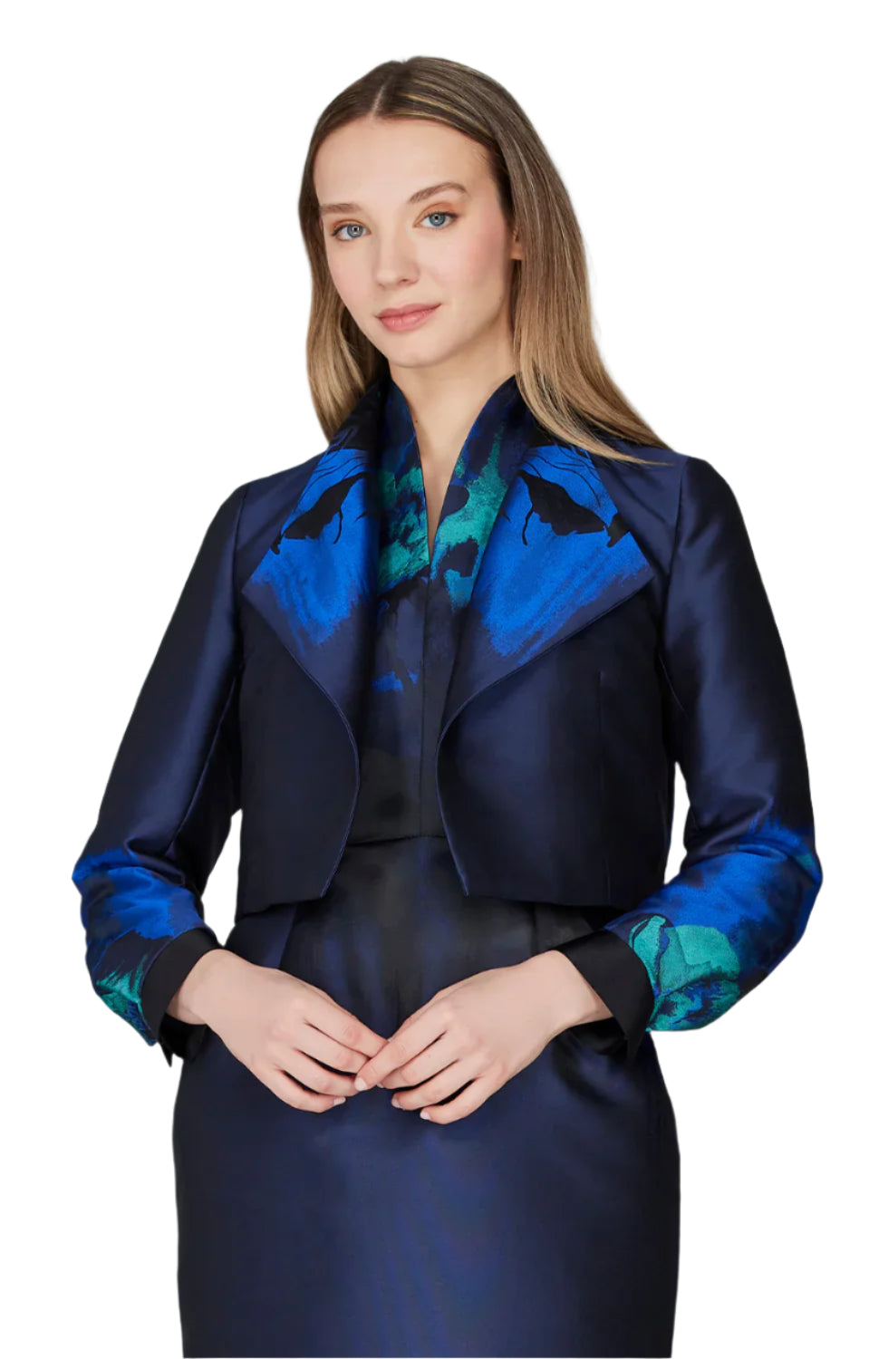 Watercolor Short Jacket w/ Pleat Sleeve in Blue Multi