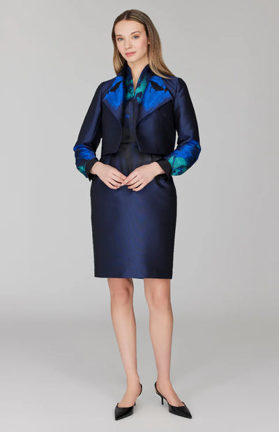 Watercolor Fitted Dress w/ High Neck in Blue Multi
