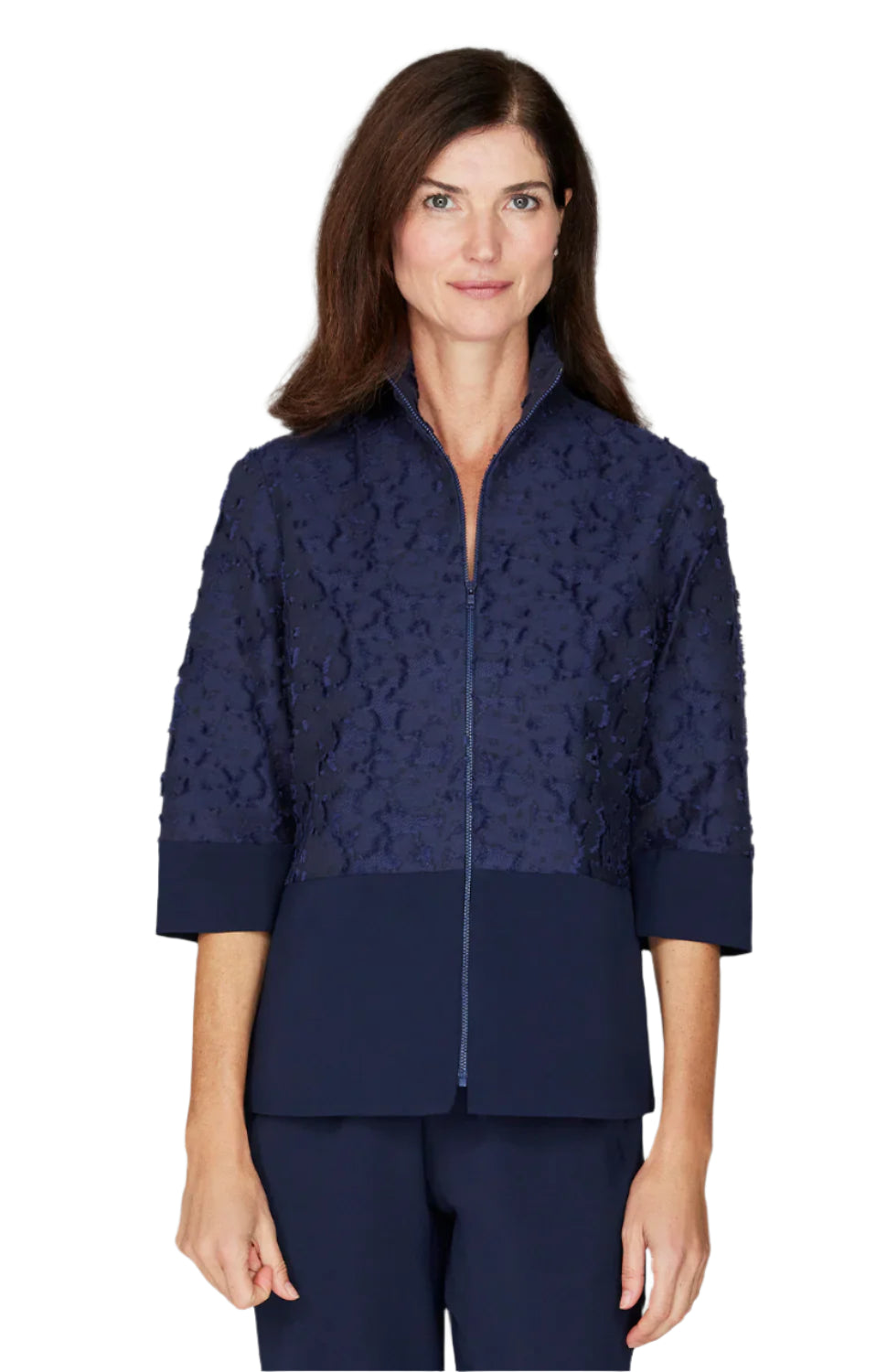 Eyelash Cotton High Neck Zip Up Jacket in Midnight