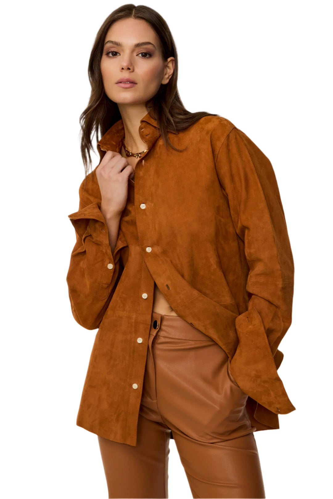 Kali Faux Suede Boyfriend Shirt in Saddle – Carl Meyers