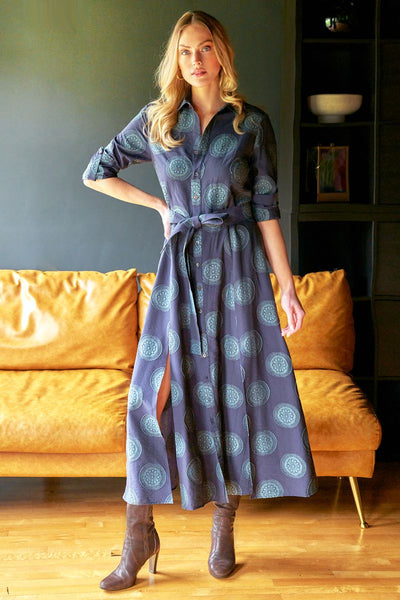 Laine Medallion Jacquard Dress in Navy/Teal