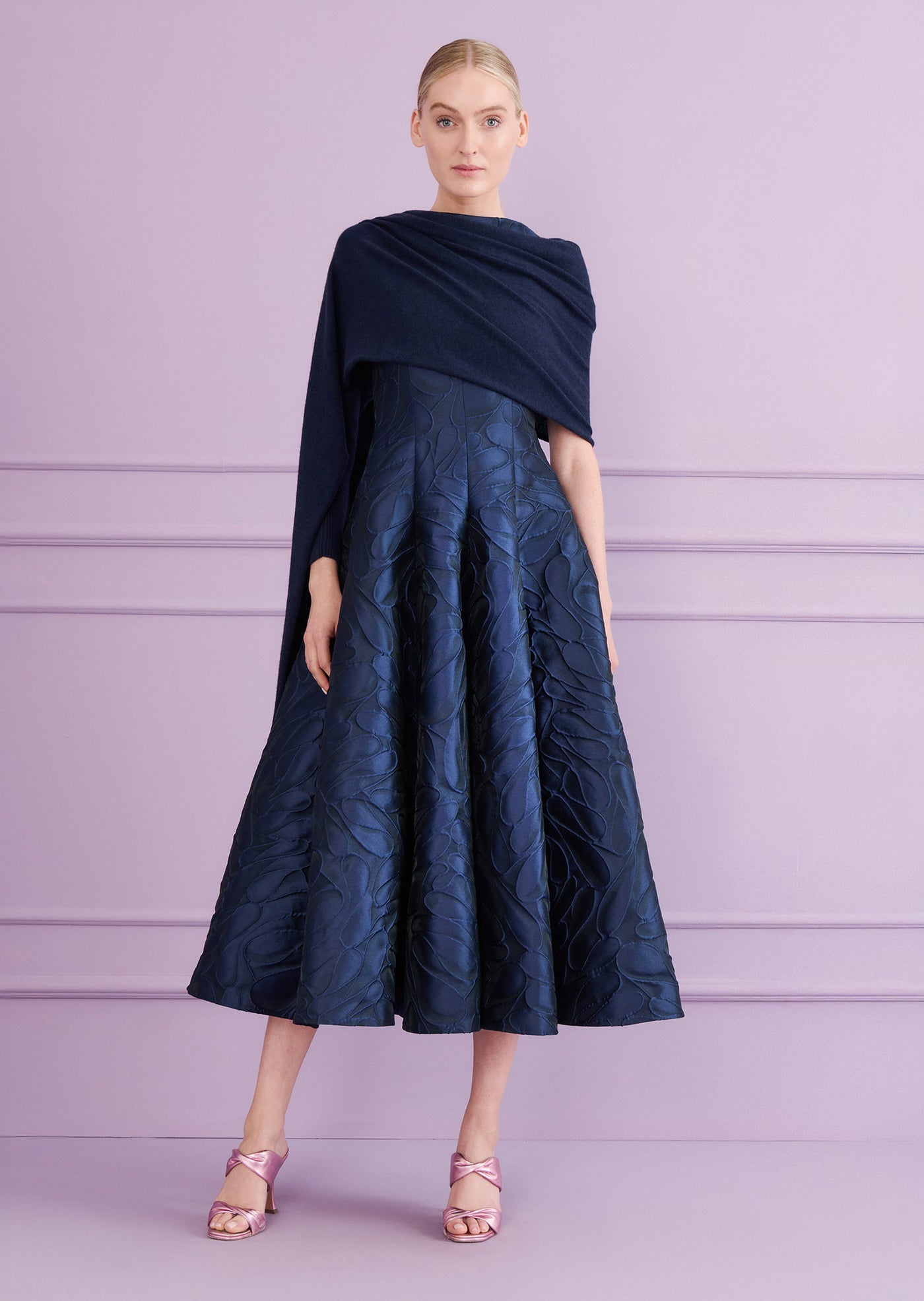 Honeydrop Jacquard Midi Dress in Royal Navy Blue