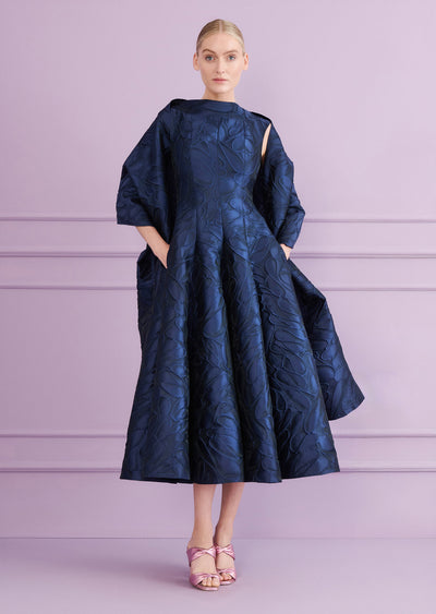 Honeydrop Jacquard Midi Dress in Royal Navy Blue