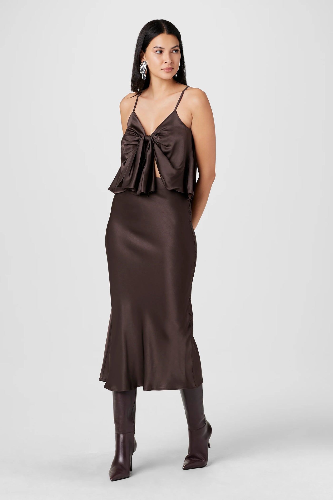 Heidi Silk Satin Slip Skirt in Espresso