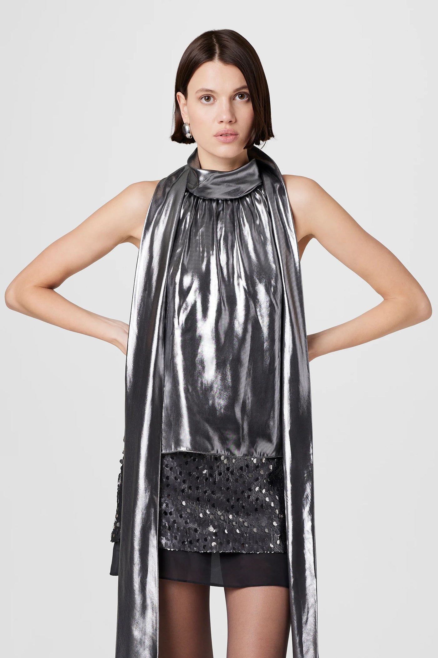 Hattie Sleeveless Metallic Blouse in Gunmetal