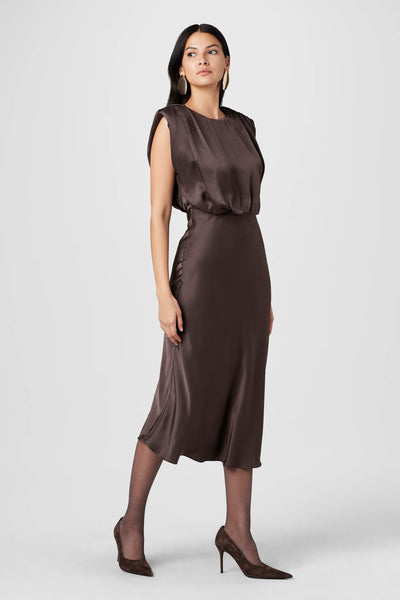 Flora Sleeveless Blouson Midi Dress in Espresso
