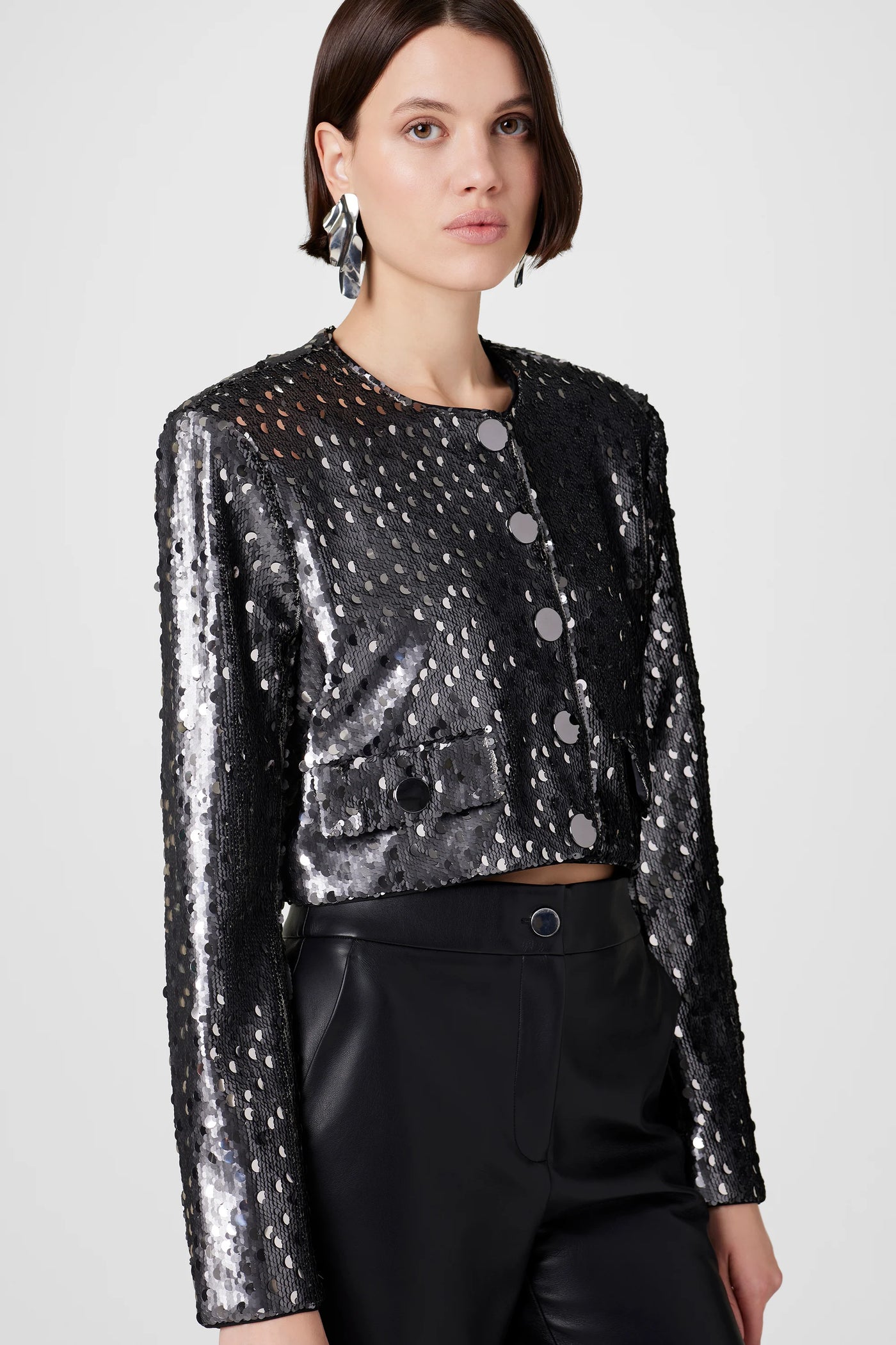 Jones Crew Neck Sequin Jacket in Gunmetal